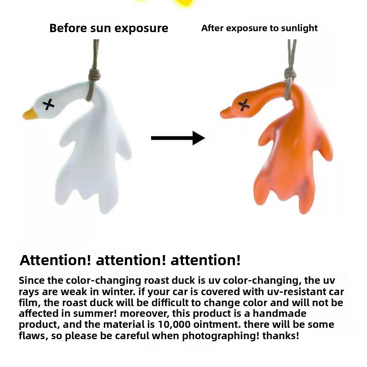 Color-changing roast duck pendant, it will change color when exposed to ultraviolet rays, spoof roast duck keychain, creative toy color-changing roast duck